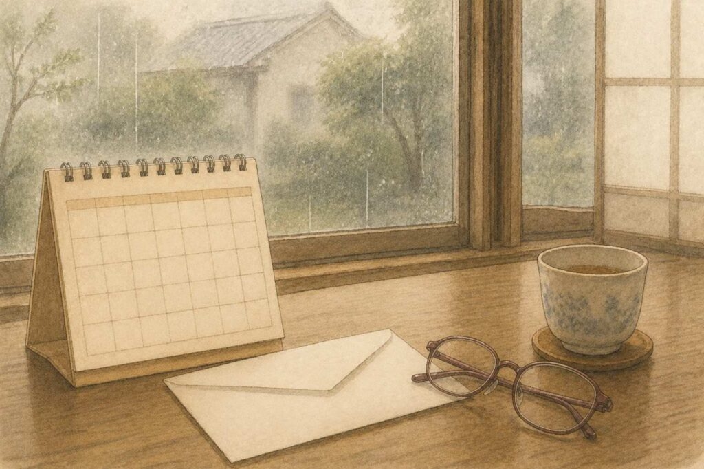 机の上のカレンダー、封筒、老眼鏡と、雨が降る窓の外のイラスト