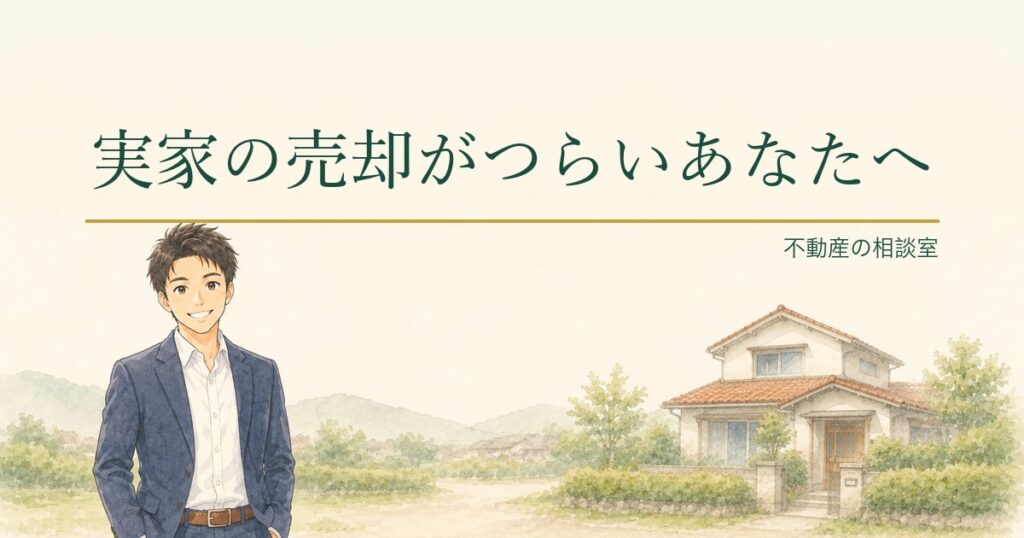 実家の売却がつらいあなたへ、と書かれたアイキャッチ画像。相談員のkentoと日本家屋の水彩イラスト