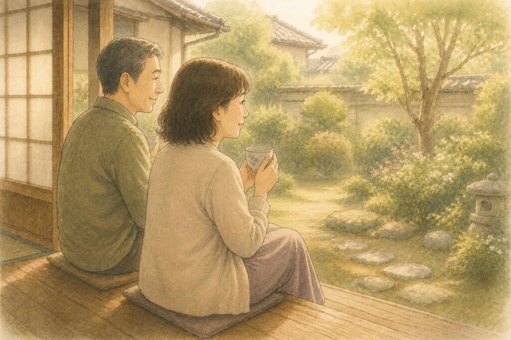 縁側に並んで座り、庭を眺めているきょうだい2人のイラスト