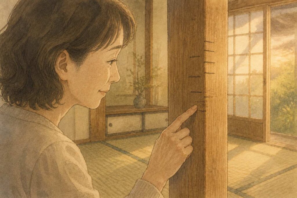 和室の柱に残った背比べの傷に、そっと指で触れている手元のイラスト