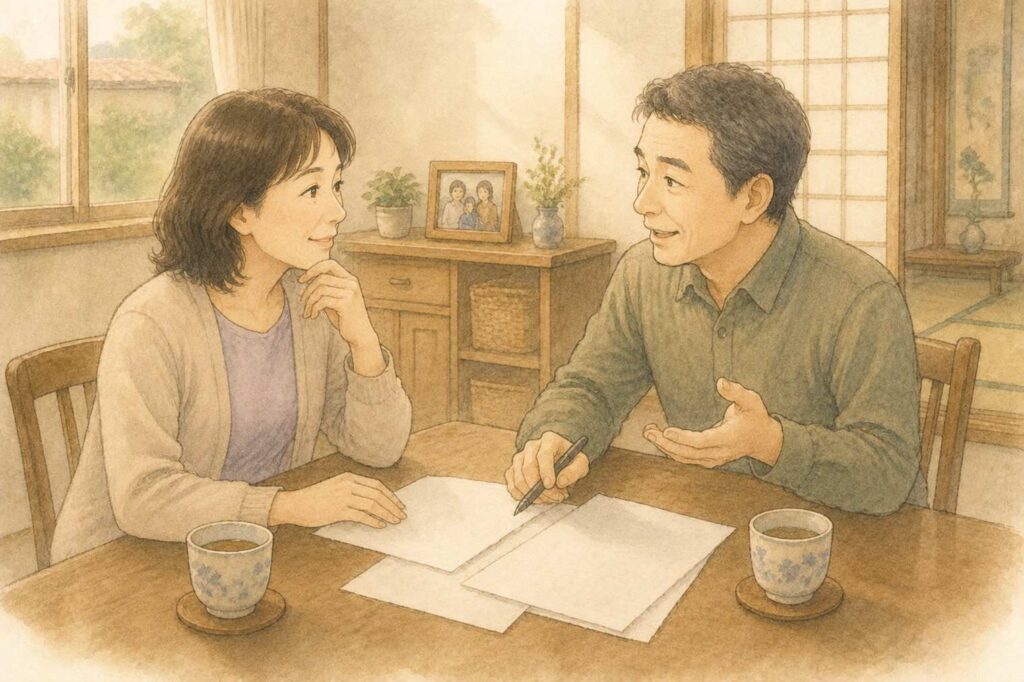 ダイニングテーブルで実家のことを話し合うきょうだい2人のイラスト
