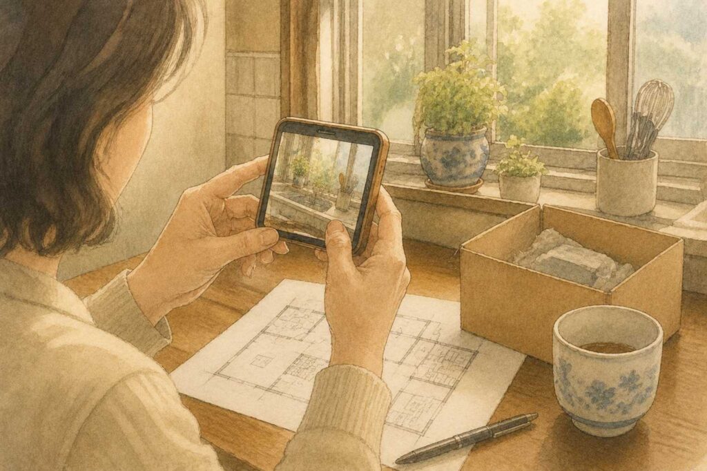 スマートフォンで台所の窓辺を撮影する手元と、そばに置かれた手書きの間取り図のイラスト