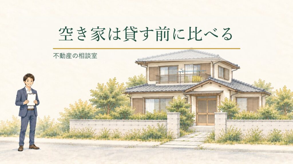空き家になった木造2階建ての実家の前で、書類を手にした宅建士が立っているアイキャッチ画像