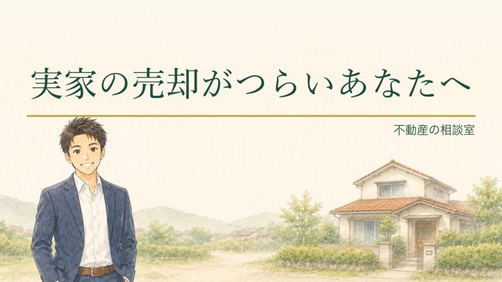 実家の売却がつらいあなたへ、と書かれたアイキャッチ画像。相談員のkentoと日本家屋の水彩イラスト