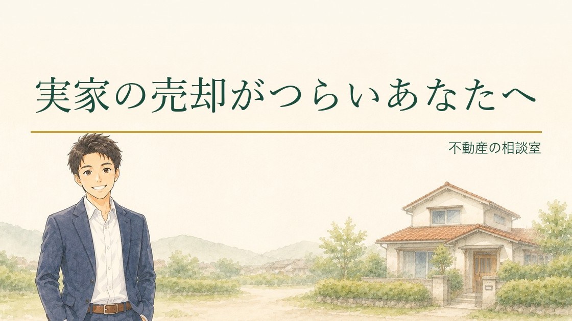 実家の売却がつらいあなたへ、と書かれたアイキャッチ画像。相談員のkentoと日本家屋の水彩イラスト