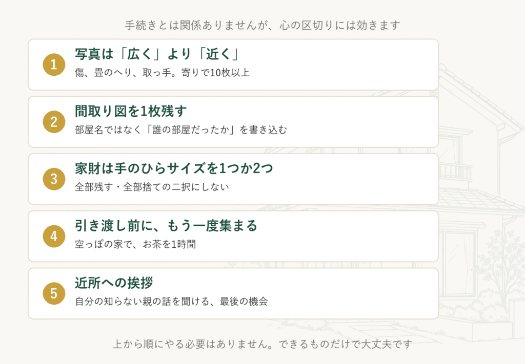 家の形を変えて残す5つの方法を並べた図。写真は近くを撮る、間取り図を1枚残す、家財は手のひらサイズを1つか2つ、引き渡し前に集まる、近所への挨拶