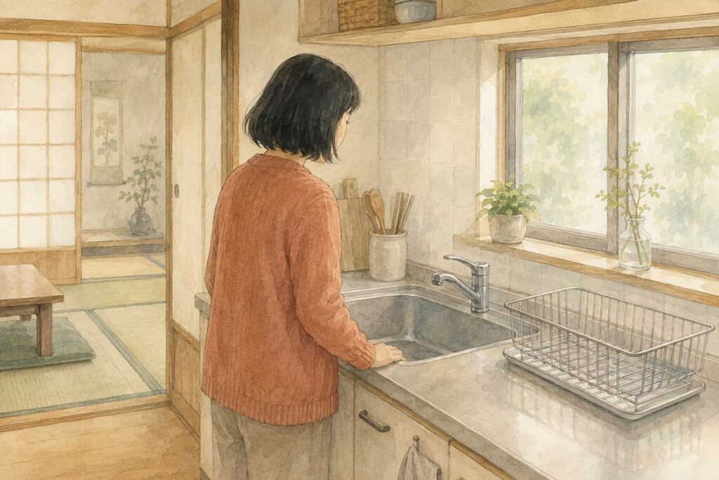 人が住まなくなった実家の台所。止めたままの蛇口を見ている女性の斜め後ろ姿