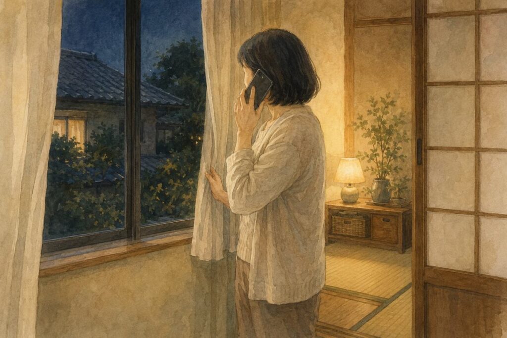 夜の窓辺で、スマートフォンを耳に当てて話している女性の横顔