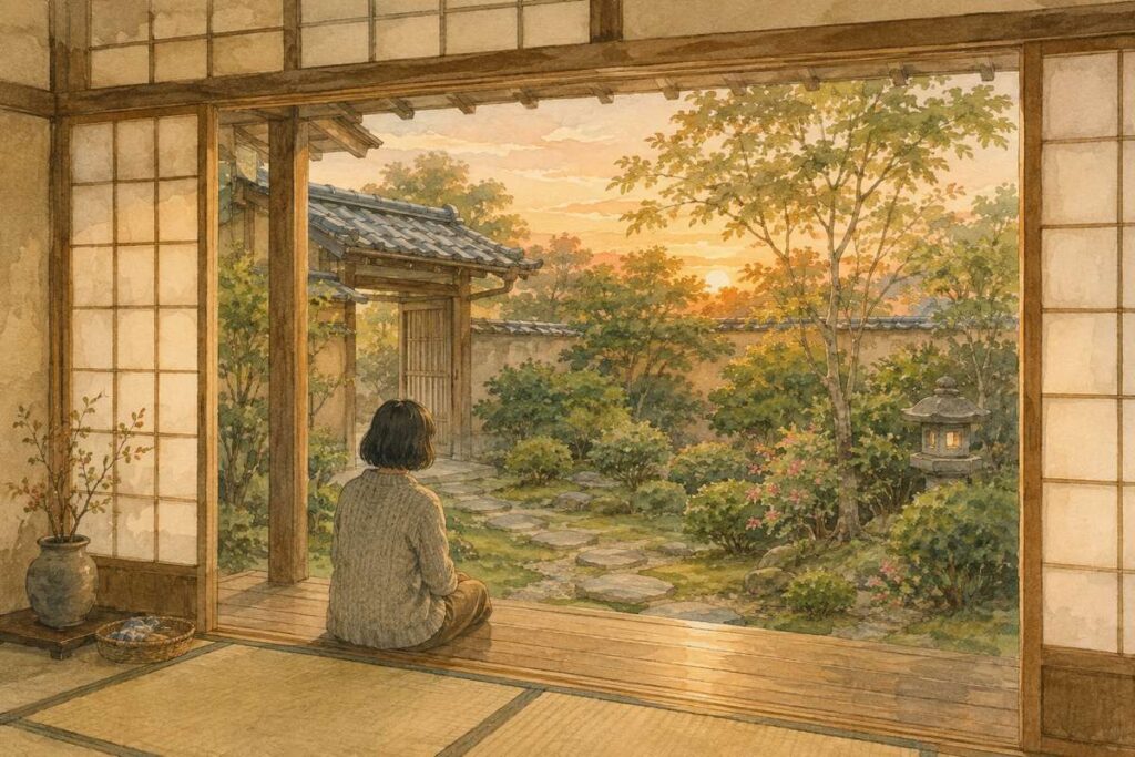 実家の縁側の内側から、夕方の庭を眺めている女性の後ろ姿