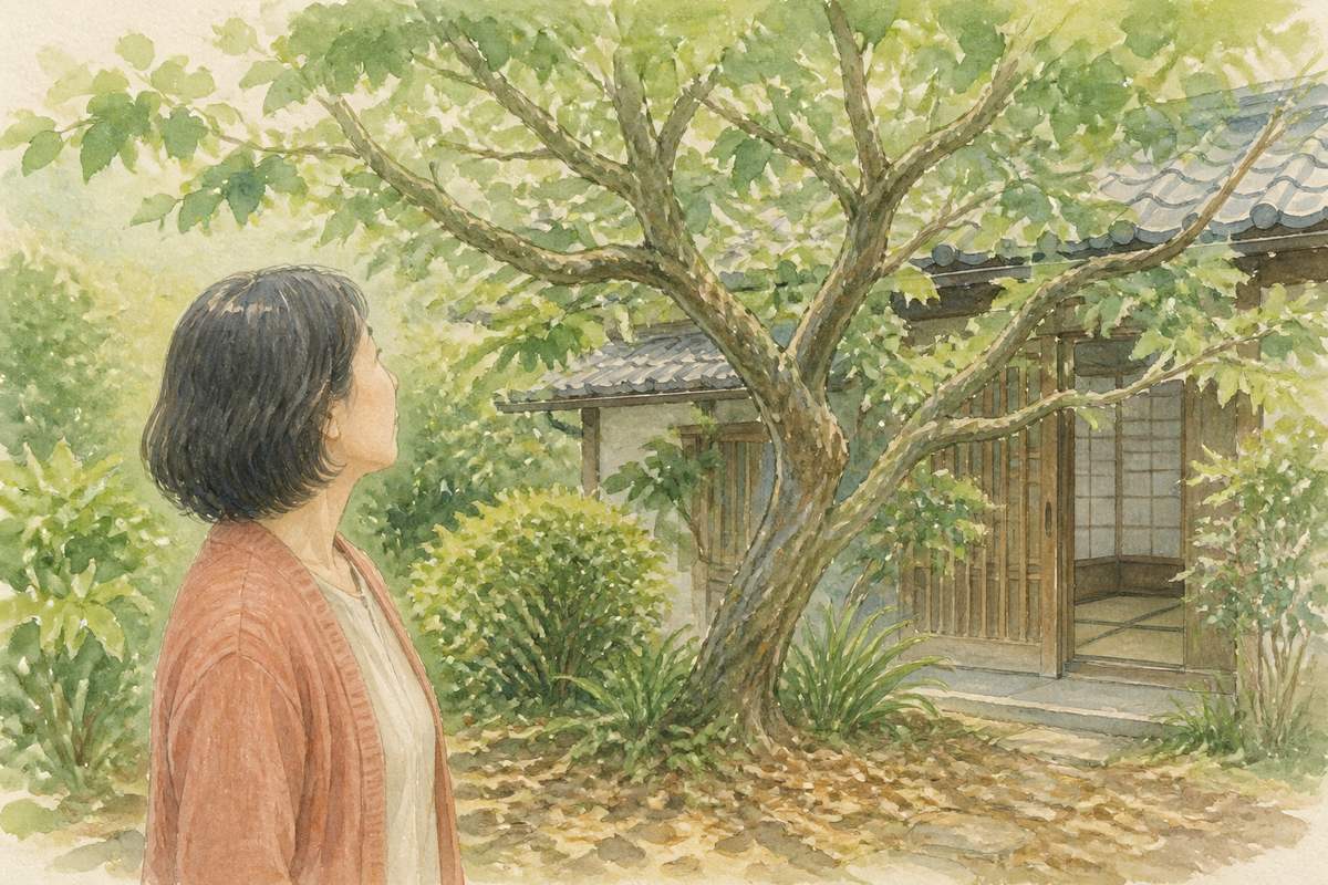 手入れされないまま伸びた実家の庭木を見上げる女性の横顔