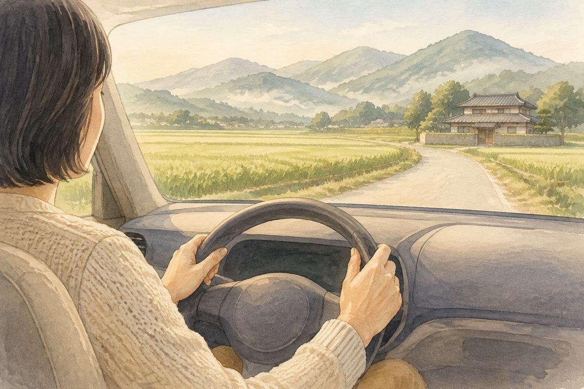 実家からの帰り道、車の運転席で一息ついている女性のイラスト