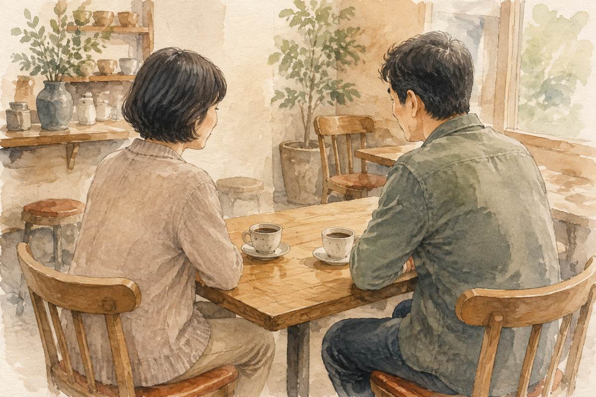 きょうだいがテーブルをはさんで実家のことを話し合っているイラスト