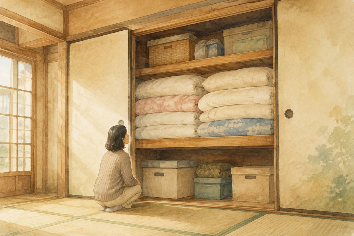 しばらく使われていない実家の押し入れを開けて中を見ている女性のイラスト