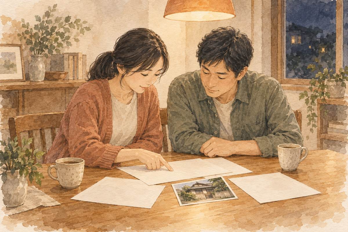 夜のダイニングで、夫婦が実家の写真と書類を見ながら貸すか売るかを話し合っているイラスト
