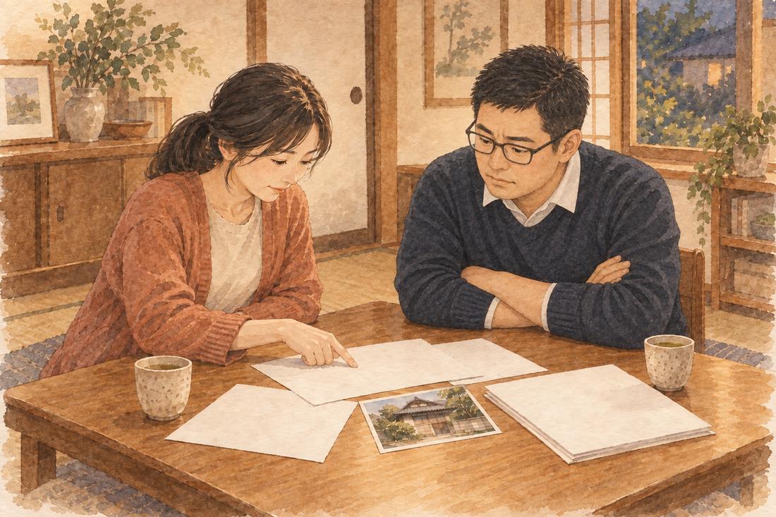 実家の書類を前に、兄弟で話し合っている場面のイラスト