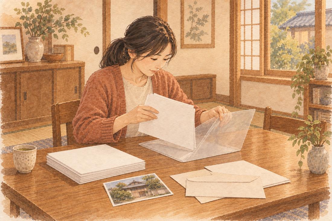 実家のダイニングで、女性がひとりで実家の書類を紙ばさみにまとめているイラスト