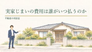 宅建士が郊外の一戸建てを手で示している、実家じまいの費用を誰がいつ払うのか解説する記事のアイキャッチ画像