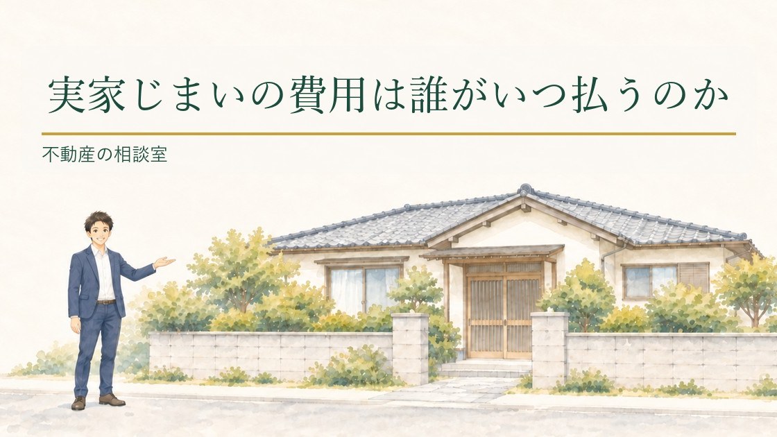 宅建士が郊外の一戸建てを手で示している、実家じまいの費用を誰がいつ払うのか解説する記事のアイキャッチ画像