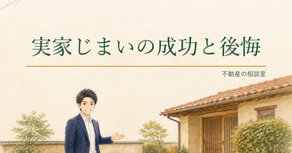 実家じまいの成功と後悔。宅建士kentoが日本家屋の玄関先で案内しているアイキャッチ