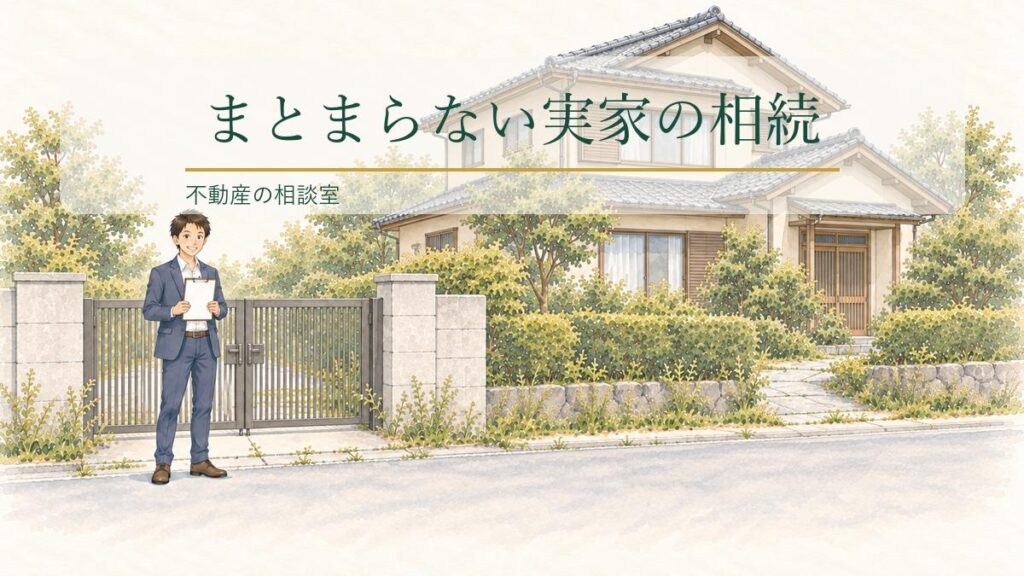 門の前に立つ宅建士と、相続した実家の一軒家のイラスト