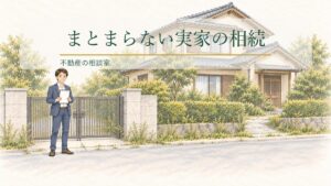 門の前に立つ宅建士と、相続した実家の一軒家のイラスト