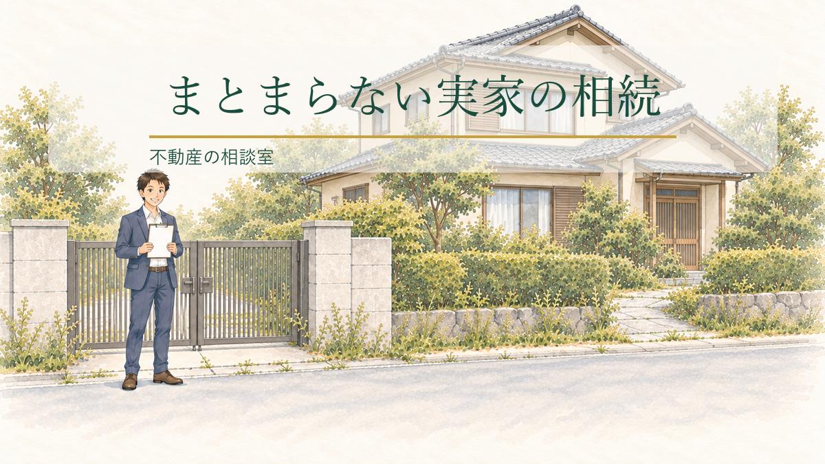 門の前に立つ宅建士と、相続した実家の一軒家のイラスト